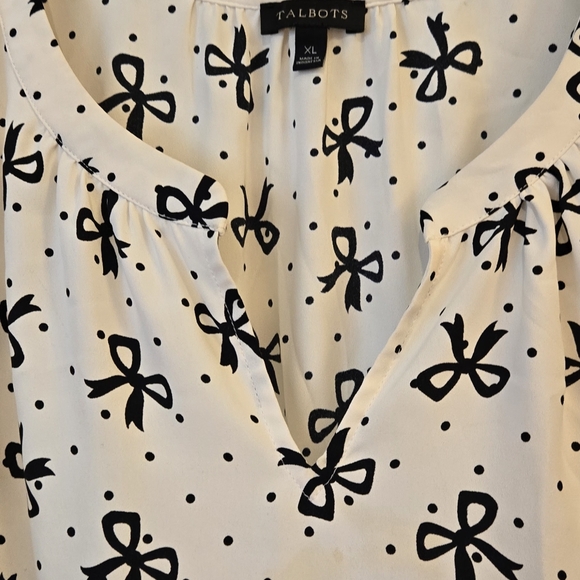 Talbots Smocked-Sleeve Bow Top Women's Size XL Casual Cottage Core Black/Cream - Picture 4 of 14